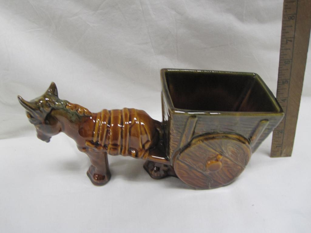 Haeger Pottery Donkey Pulling Mule Cart, Brown Drip Glaze, 2lb 8oz