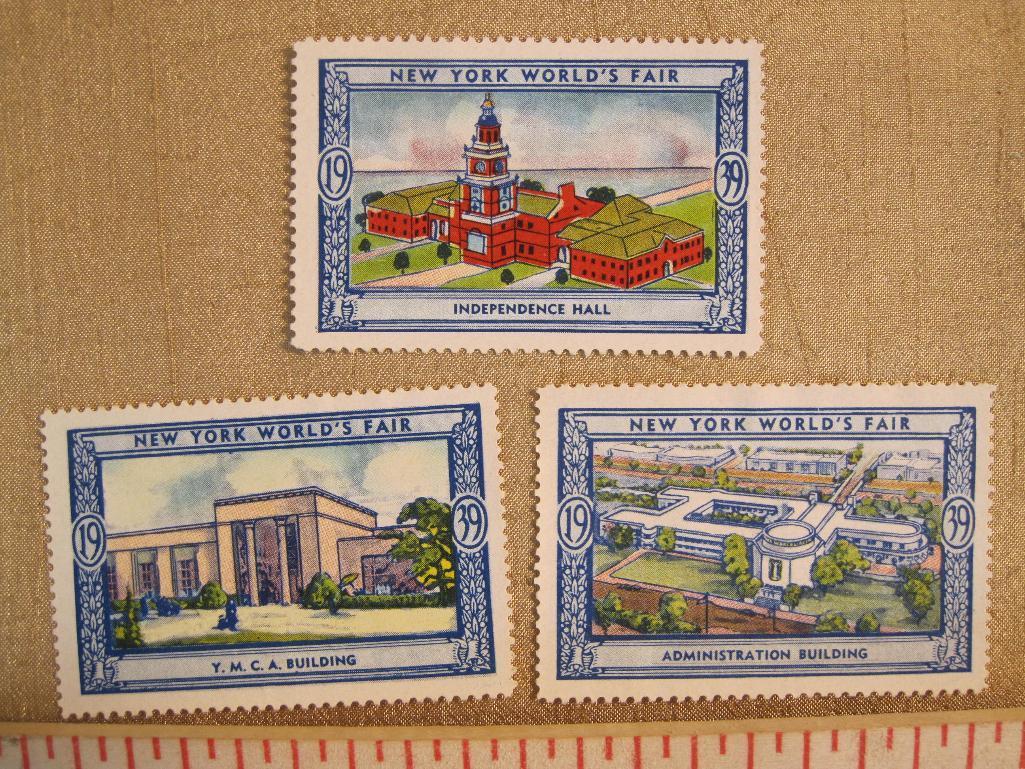 Three 1939 New York World's Fair stamps featuring Independence Hall, YMCA Building and