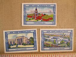 Three 1939 New York World's Fair stamps featuring Independence Hall, YMCA Building and