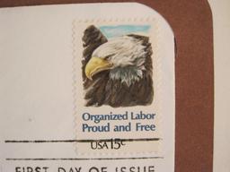 Seven First Day of Issue covers saluting Organized Labor, the 50th anniversary of the Veterans