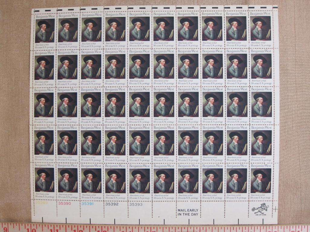 Full sheet of 50 10 cent Benjamin West US stamps, Scott # 1553