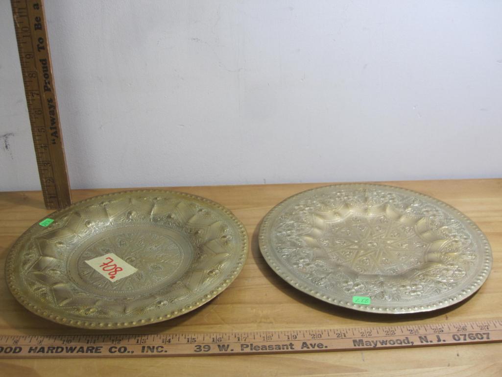 Pair of Two Ornate Decorative Pressed Brass Plates