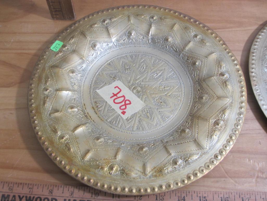 Pair of Two Ornate Decorative Pressed Brass Plates