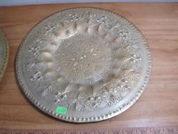 Pair of Two Ornate Decorative Pressed Brass Plates