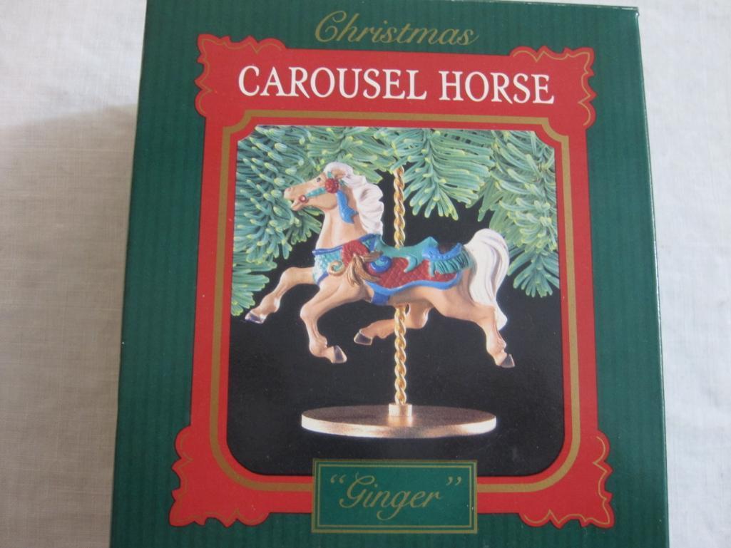 Lot of Carousel Horses Hallmark Ornaments including Snow, Holly, Star, Ginger, and 2 Display Stands,