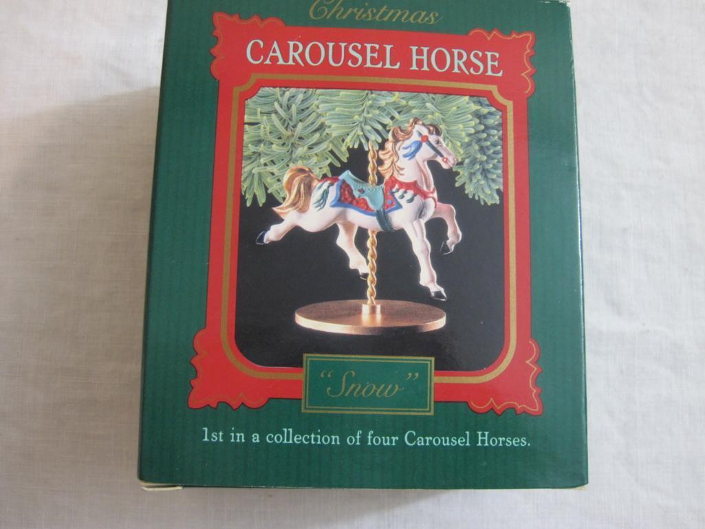 Lot of Carousel Horses Hallmark Ornaments including Snow, Holly, Star, Ginger, and 2 Display Stands,