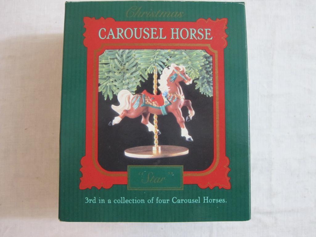 Lot of Carousel Horses Hallmark Ornaments including Snow, Holly, Star, Ginger, and 2 Display Stands,
