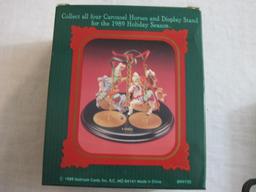 Lot of Carousel Horses Hallmark Ornaments including Snow, Holly, Star, Ginger, and 2 Display Stands,