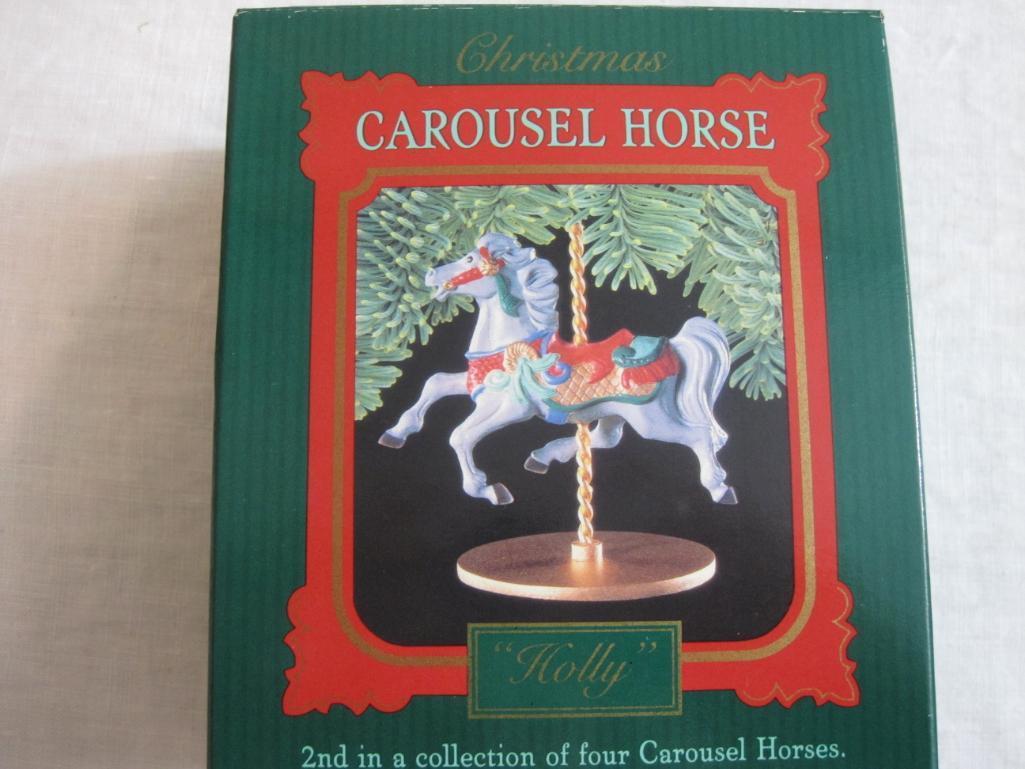 Lot of Carousel Horses Hallmark Ornaments including Snow, Holly, Star, Ginger, and 2 Display Stands,