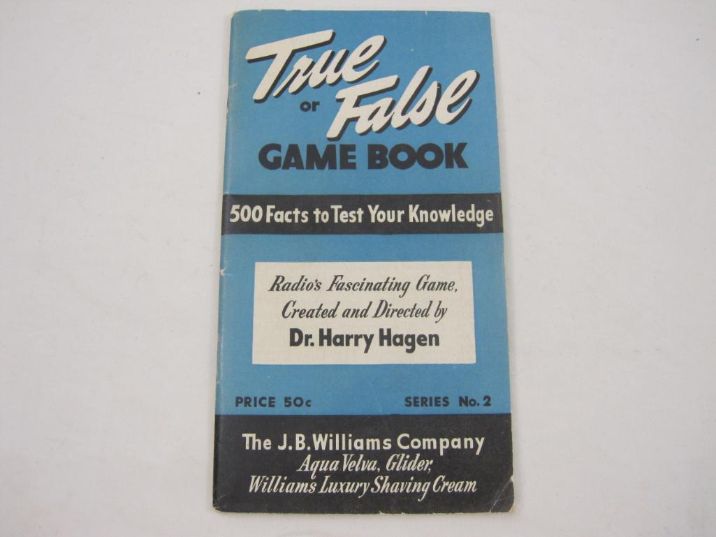 Vintage True or False Game Book, Advertising The JB Williams Company, 1938, 2 oz