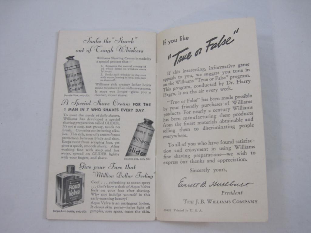 Vintage True or False Game Book, Advertising The JB Williams Company, 1938, 2 oz