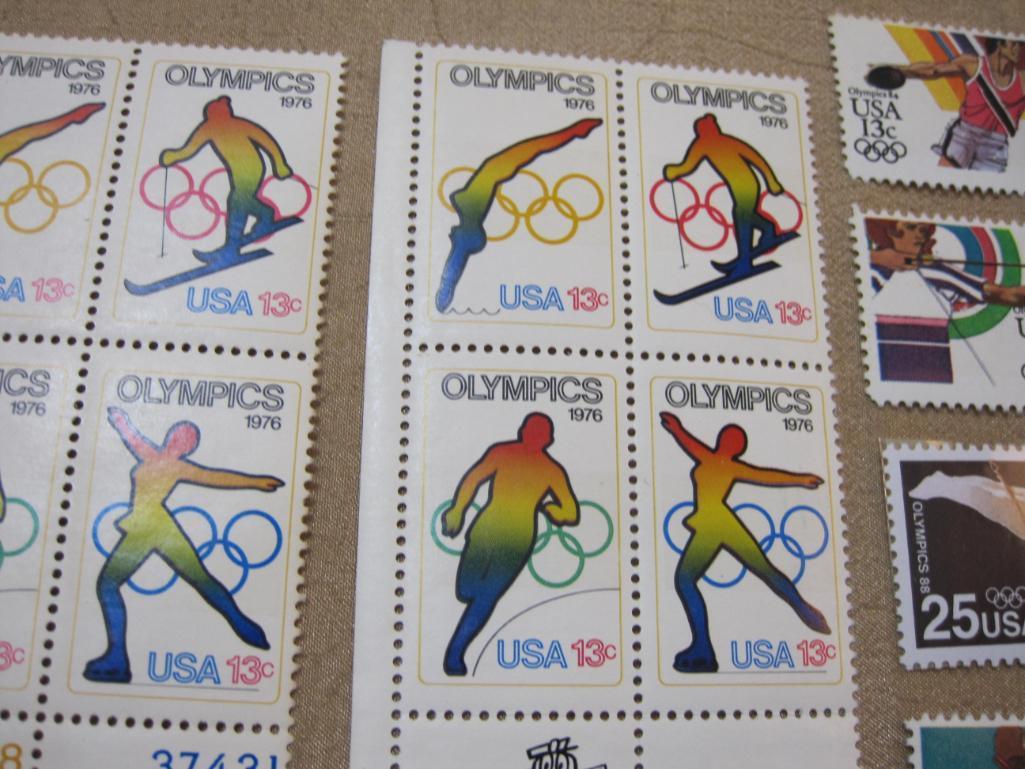 US Olympic Postage Stamps includes Two Blocks of Four 13 Cent USA Olympics 1976 and more