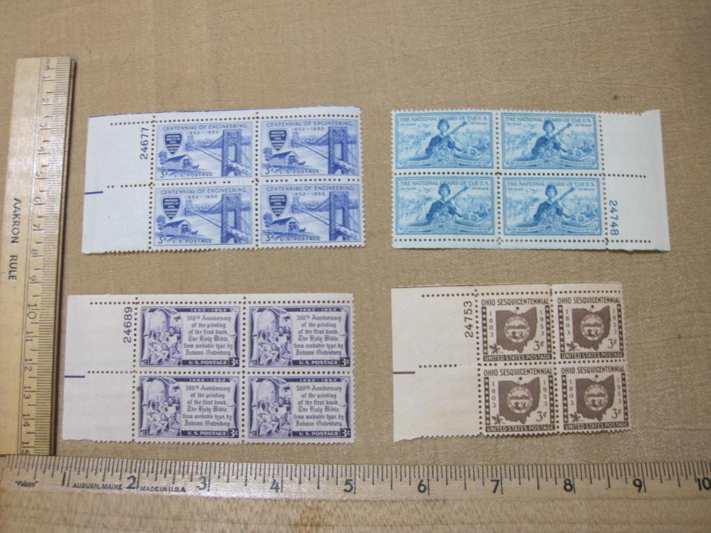 Blocks of US hinged stamps Scott # 1012, 1014, 1017, and 1018, National Guard, Centennial of