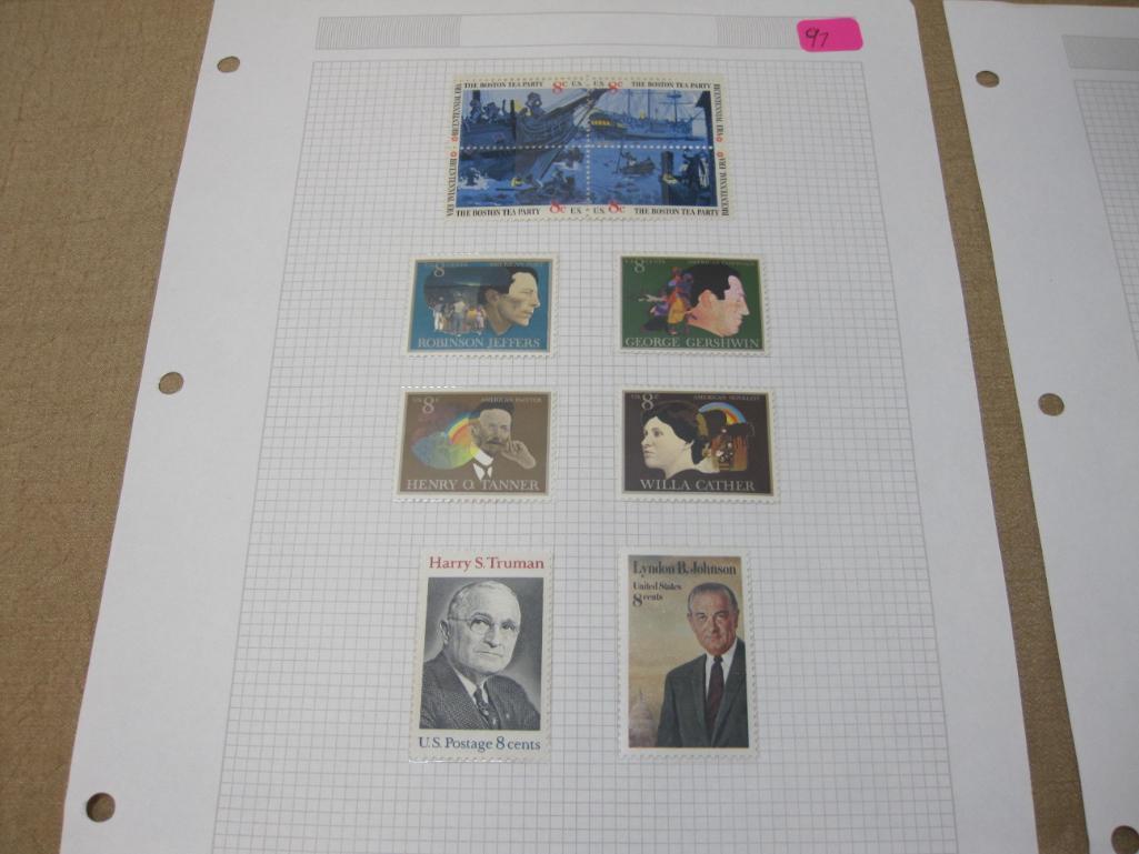 US Postage Stamps includes Block of Four 8 Cent Boston Tea Party, 8 Cent Willa Cather, 8 Cent