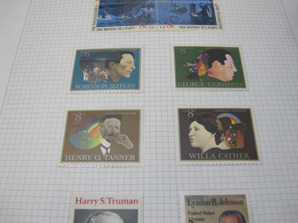 US Postage Stamps includes Block of Four 8 Cent Boston Tea Party, 8 Cent Willa Cather, 8 Cent