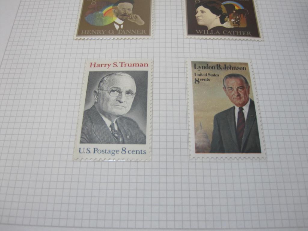 US Postage Stamps includes Block of Four 8 Cent Boston Tea Party, 8 Cent Willa Cather, 8 Cent