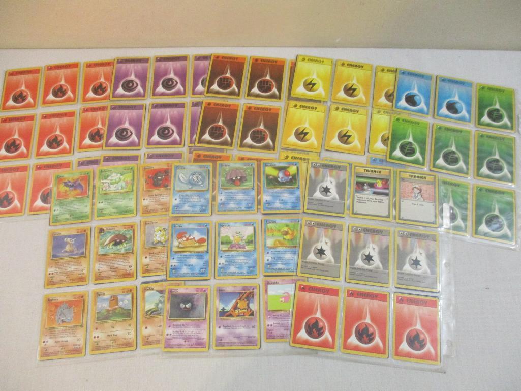 Seven Sheets of Pokemon Cards, 1999 Wizards including Paras, Grimer, Charmander, Trainers and