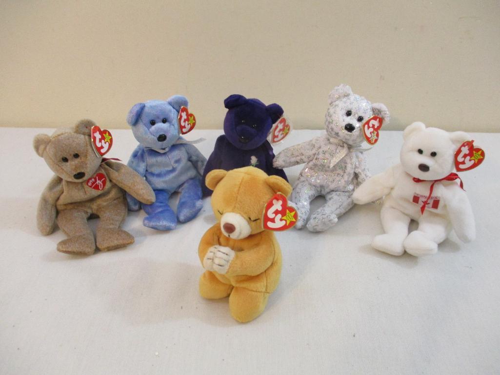 Six Bear TY Beanie Babies including Princess, Maple, The Beginning, 1999 Signature, Clubby II and