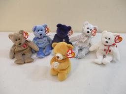 Six Bear TY Beanie Babies including Princess, Maple, The Beginning, 1999 Signature, Clubby II and