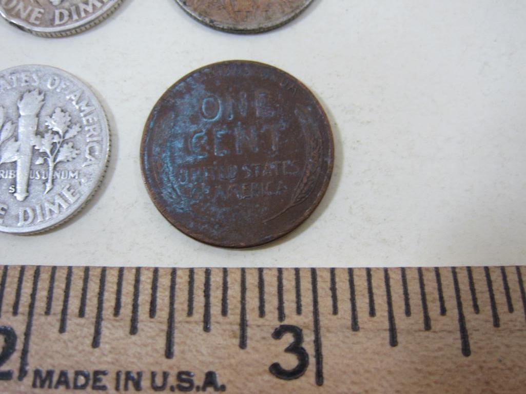 Assorted Vintage US Coins including 2 silver Roosevelt Dimes, 1 1942 silver Mercury Dime, silver