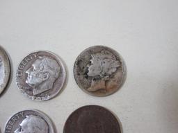 Assorted Vintage US Coins including 2 silver Roosevelt Dimes, 1 1942 silver Mercury Dime, silver