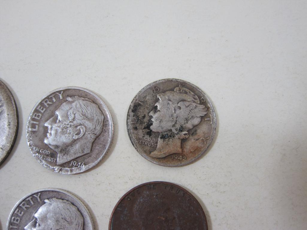 Assorted Vintage US Coins including 2 silver Roosevelt Dimes, 1 1942 silver Mercury Dime, silver