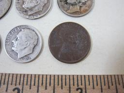 Assorted Vintage US Coins including 2 silver Roosevelt Dimes, 1 1942 silver Mercury Dime, silver