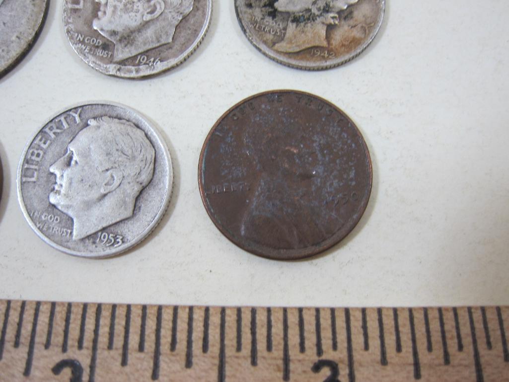 Assorted Vintage US Coins including 2 silver Roosevelt Dimes, 1 1942 silver Mercury Dime, silver