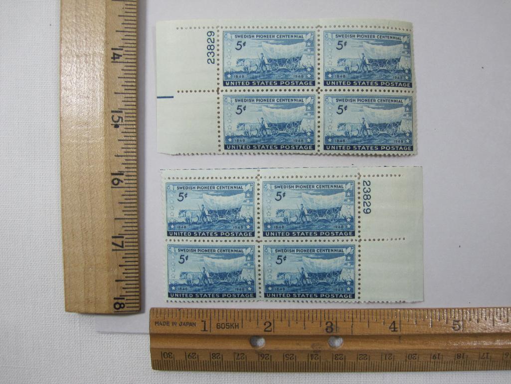 Two Blocks of Four US Postage Stamps, 1948 Swedish Pioneer Centennial 5c #958, mint