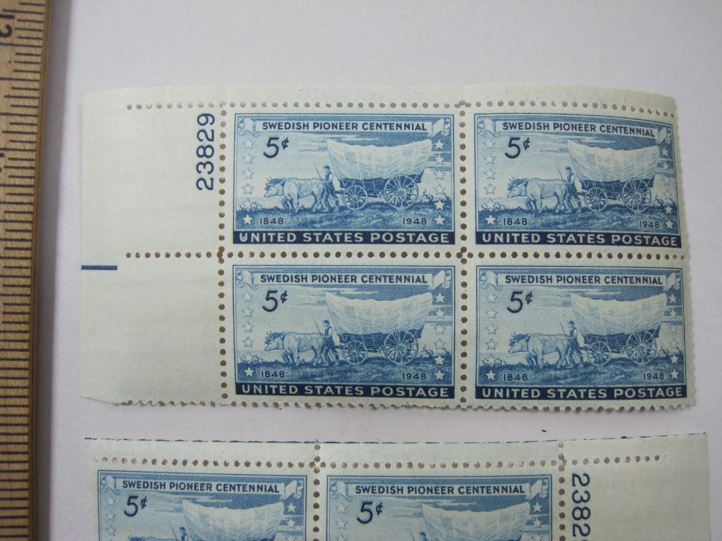 Two Blocks of Four US Postage Stamps, 1948 Swedish Pioneer Centennial 5c #958, mint