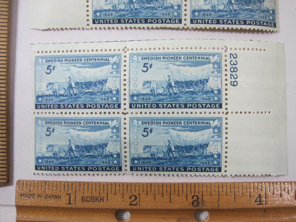 Two Blocks of Four US Postage Stamps, 1948 Swedish Pioneer Centennial 5c #958, mint
