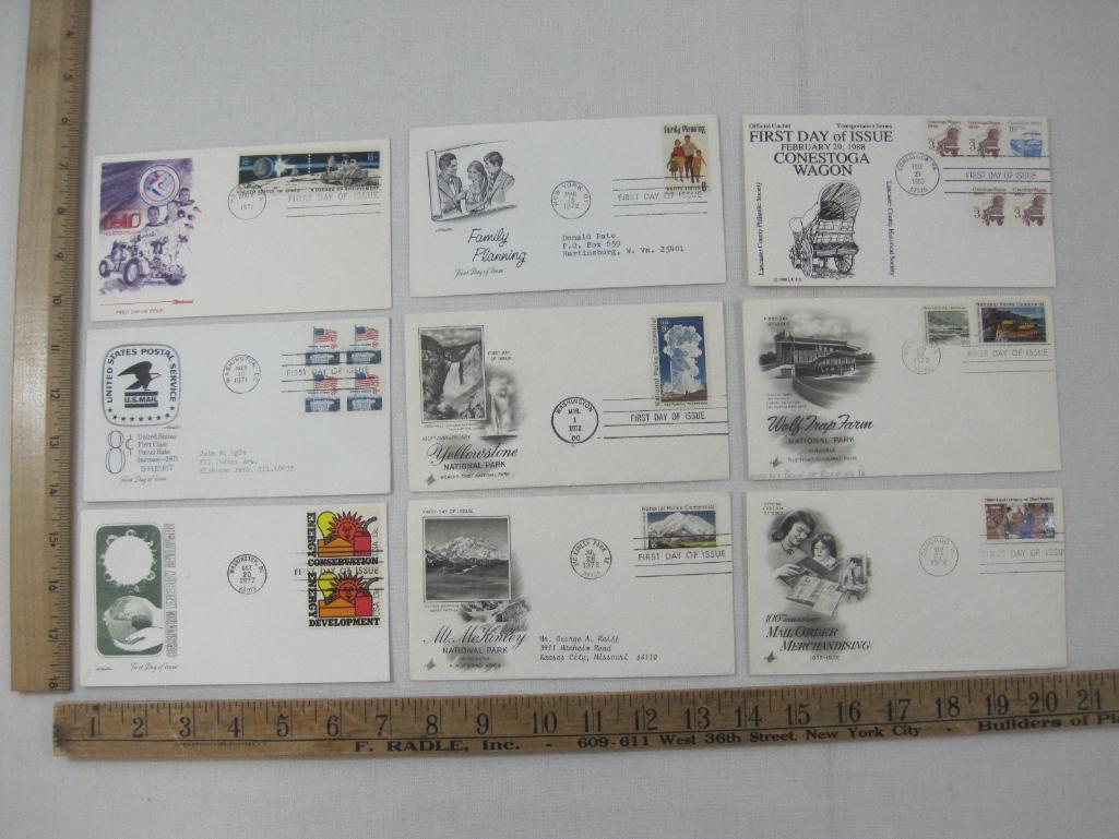 Nine First Day of Issue 1970s, Family Planning, Conestoga Wagon, Yellowstone Park, Mt McKinley and