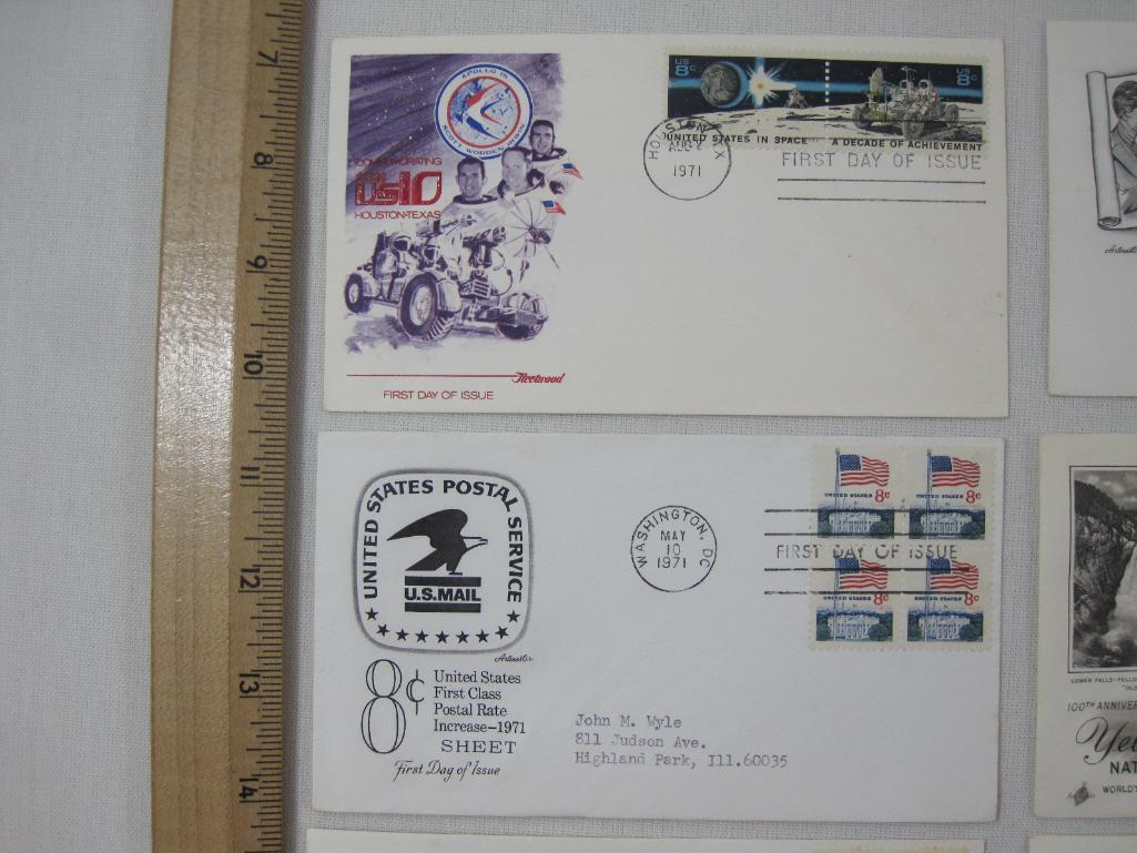 Nine First Day of Issue 1970s, Family Planning, Conestoga Wagon, Yellowstone Park, Mt McKinley and