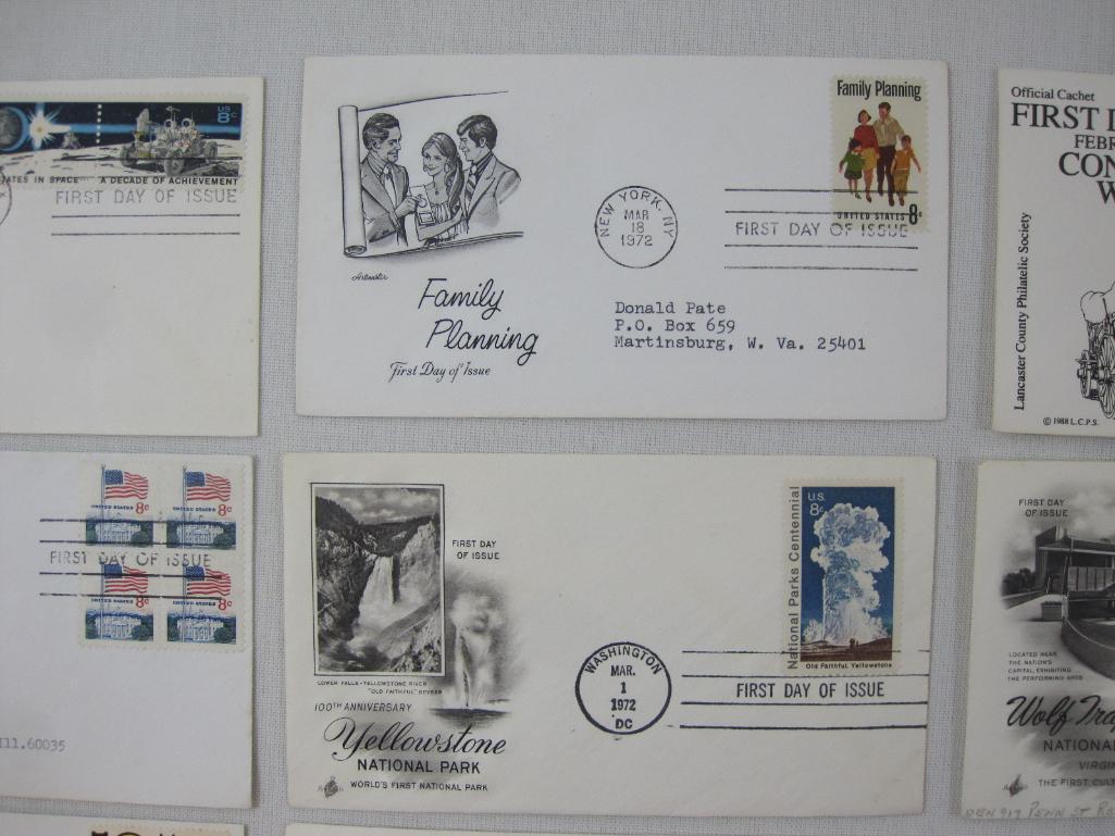 Nine First Day of Issue 1970s, Family Planning, Conestoga Wagon, Yellowstone Park, Mt McKinley and