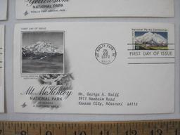 Nine First Day of Issue 1970s, Family Planning, Conestoga Wagon, Yellowstone Park, Mt McKinley and
