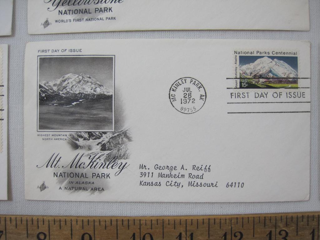 Nine First Day of Issue 1970s, Family Planning, Conestoga Wagon, Yellowstone Park, Mt McKinley and