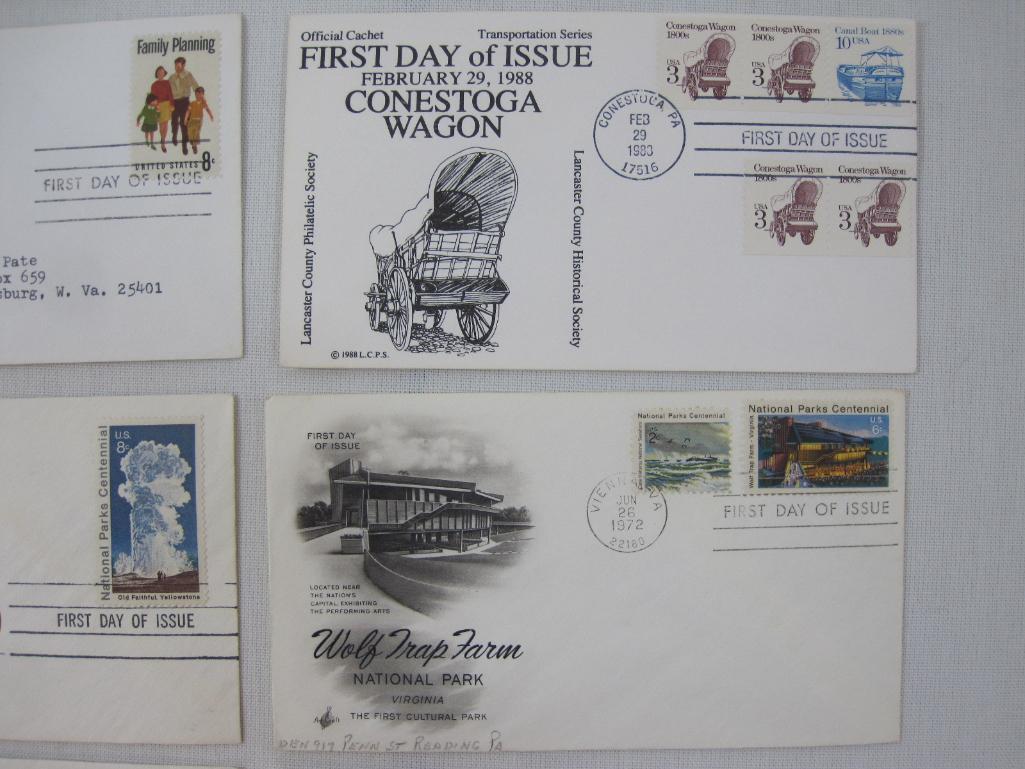 Nine First Day of Issue 1970s, Family Planning, Conestoga Wagon, Yellowstone Park, Mt McKinley and