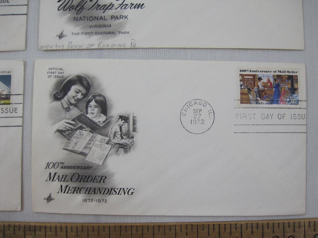 Nine First Day of Issue 1970s, Family Planning, Conestoga Wagon, Yellowstone Park, Mt McKinley and