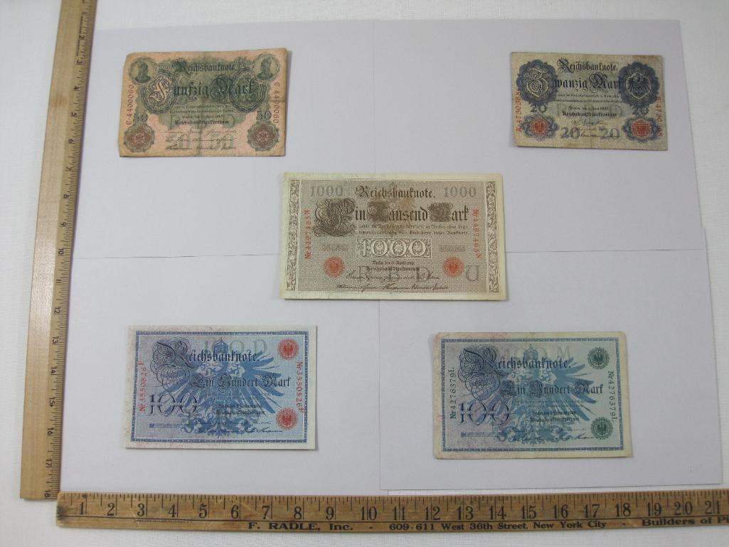Five Germany Reichsbanknotes includes 1907 Zwanzig Mart, Two 1908 Ein Hundert Mark, 1910 Funfzig