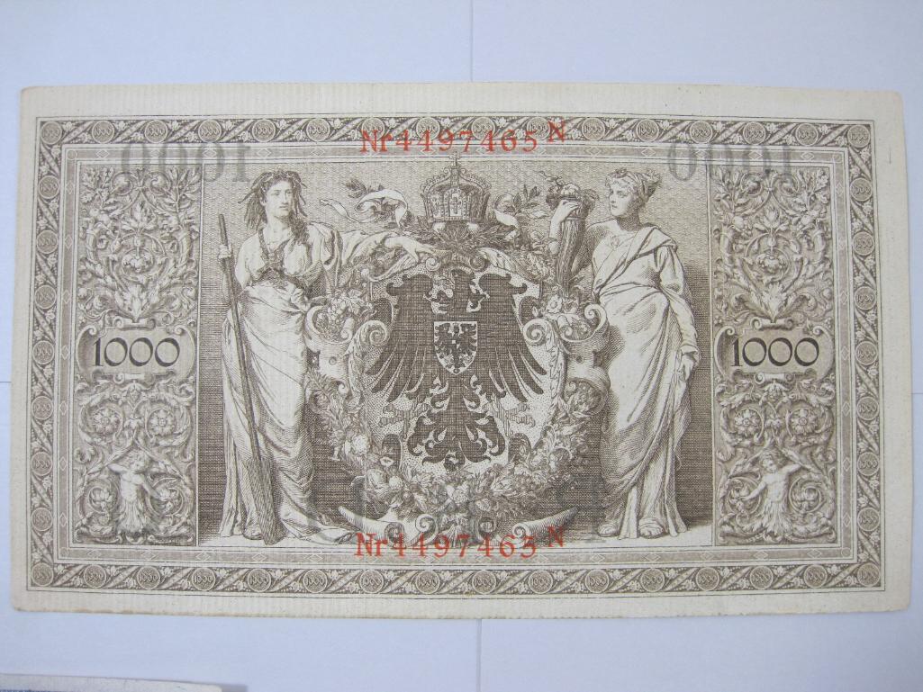 Five Germany Reichsbanknotes includes 1907 Zwanzig Mart, Two 1908 Ein Hundert Mark, 1910 Funfzig