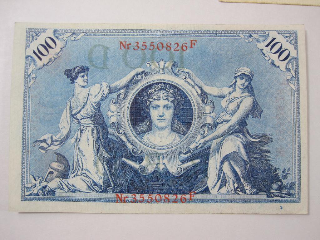 Five Germany Reichsbanknotes includes 1907 Zwanzig Mart, Two 1908 Ein Hundert Mark, 1910 Funfzig