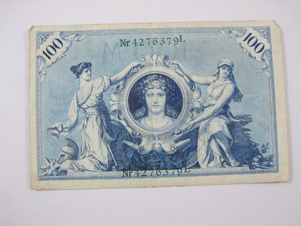 Five Germany Reichsbanknotes includes 1907 Zwanzig Mart, Two 1908 Ein Hundert Mark, 1910 Funfzig