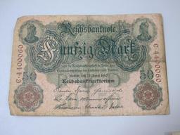 Five Germany Reichsbanknotes includes 1907 Zwanzig Mart, Two 1908 Ein Hundert Mark, 1910 Funfzig