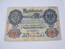 Five Germany Reichsbanknotes includes 1907 Zwanzig Mart, Two 1908 Ein Hundert Mark, 1910 Funfzig