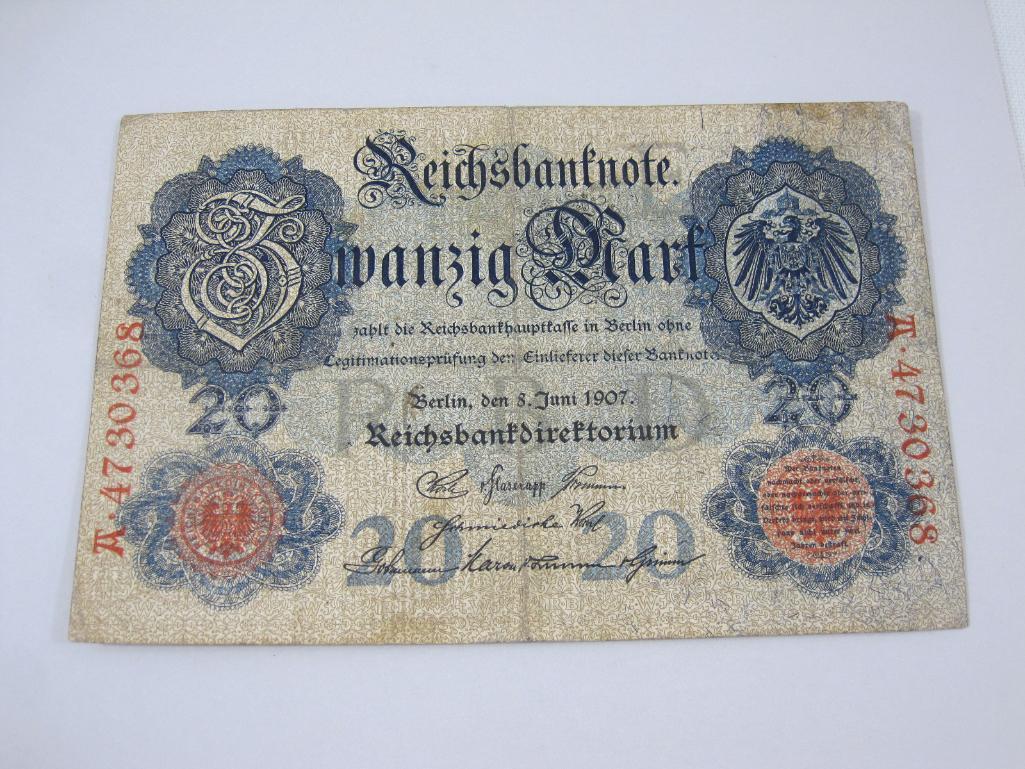 Five Germany Reichsbanknotes includes 1907 Zwanzig Mart, Two 1908 Ein Hundert Mark, 1910 Funfzig