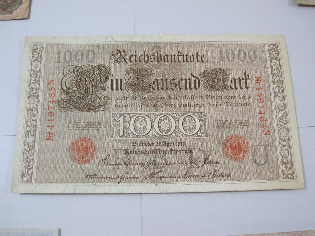 Five Germany Reichsbanknotes includes 1907 Zwanzig Mart, Two 1908 Ein Hundert Mark, 1910 Funfzig