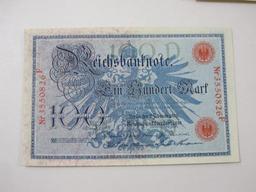 Five Germany Reichsbanknotes includes 1907 Zwanzig Mart, Two 1908 Ein Hundert Mark, 1910 Funfzig