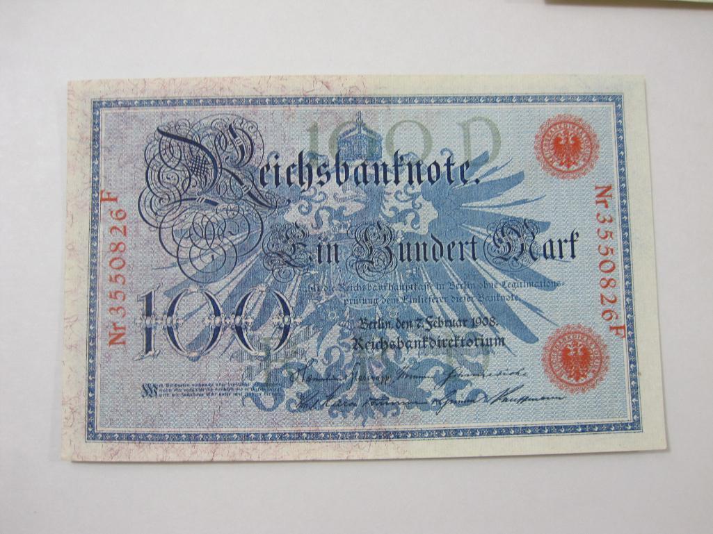 Five Germany Reichsbanknotes includes 1907 Zwanzig Mart, Two 1908 Ein Hundert Mark, 1910 Funfzig