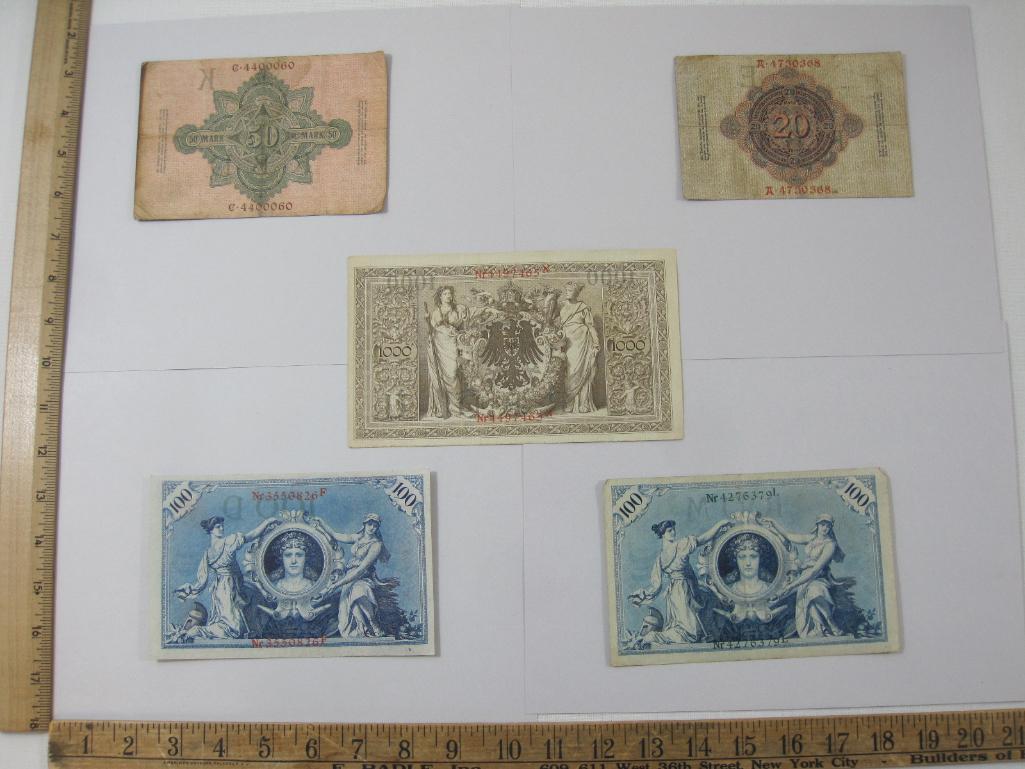 Five Germany Reichsbanknotes includes 1907 Zwanzig Mart, Two 1908 Ein Hundert Mark, 1910 Funfzig