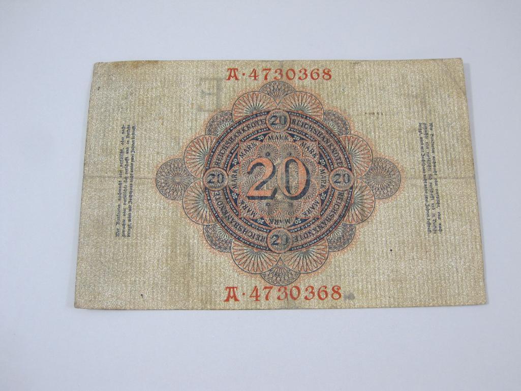 Five Germany Reichsbanknotes includes 1907 Zwanzig Mart, Two 1908 Ein Hundert Mark, 1910 Funfzig